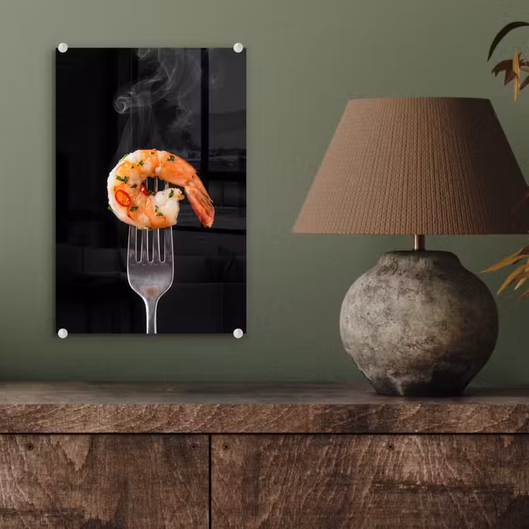 Glas schilderij - Eten - Garnaal - Vork — 4