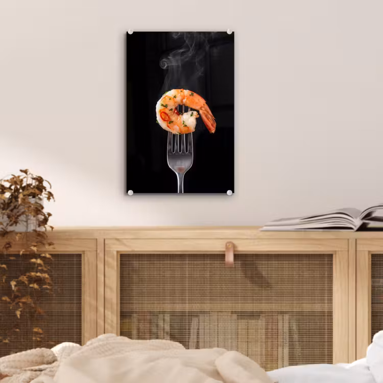 Glas schilderij - Eten - Garnaal - Vork — 5