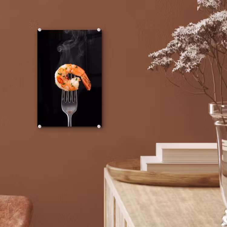 Glas schilderij - Eten - Garnaal - Vork — 6
