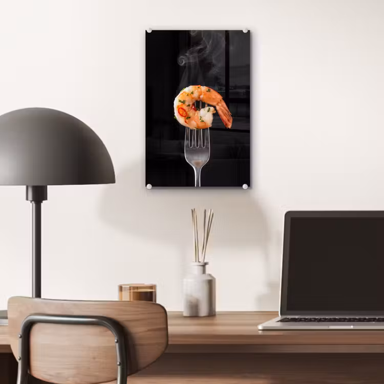 Glas schilderij - Eten - Garnaal - Vork — 7