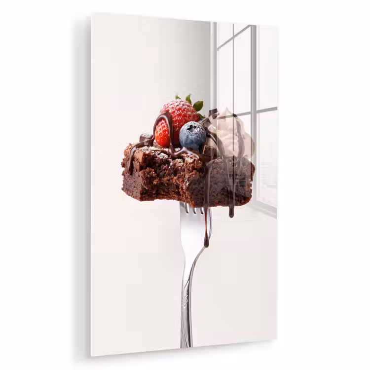 Glas schilderij - Vork - brownie - aardbei — 1
