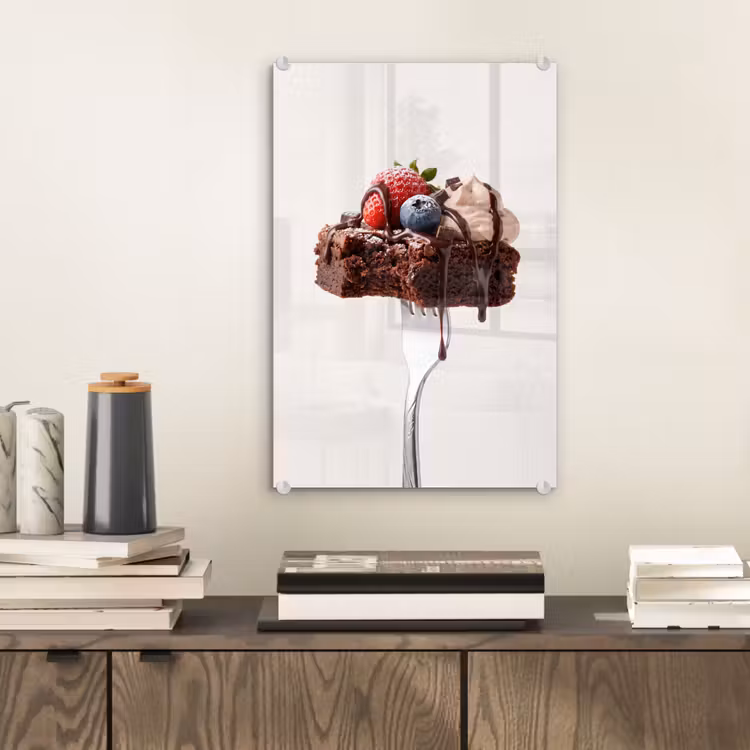 Glas schilderij - Vork - brownie - aardbei — 2
