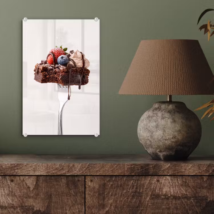 Glas schilderij - Vork - brownie - aardbei — 4