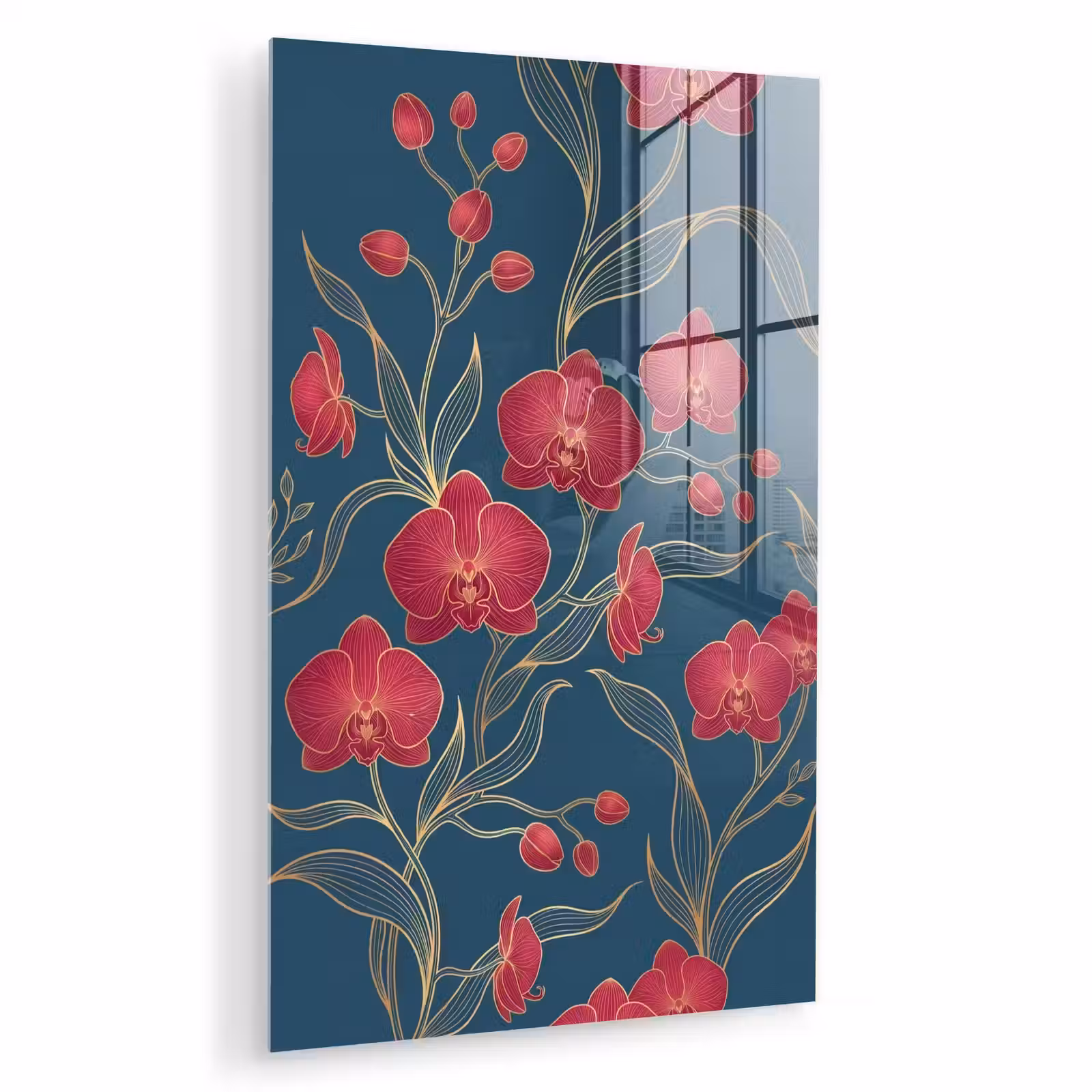 Glas schilderij - Bloemen - Rood - Goud — 1