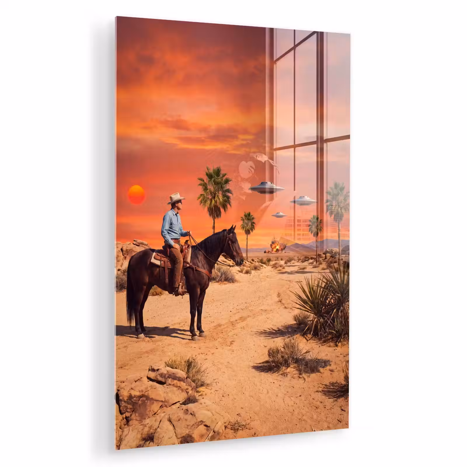 Glas schilderij - Cowboy - Paard - Woestijn — 1