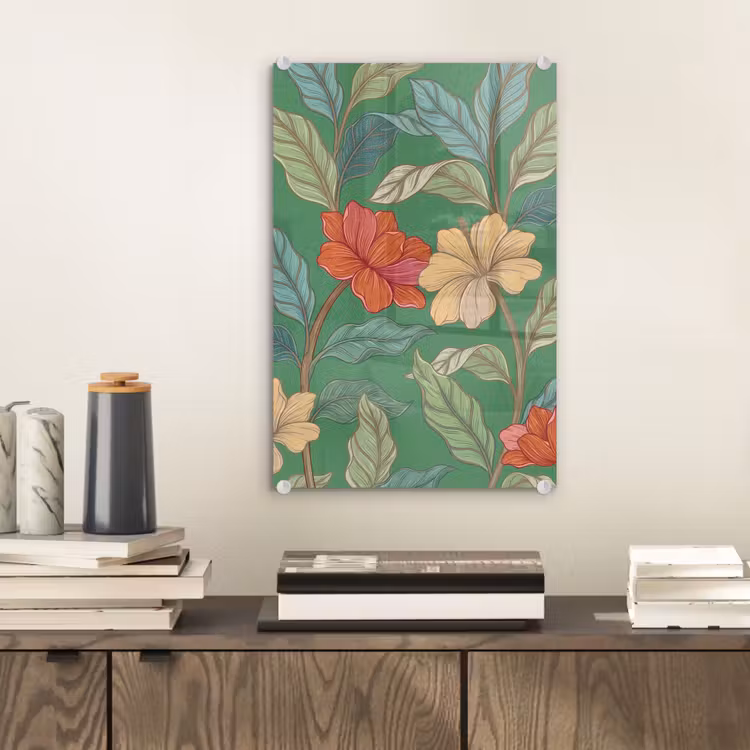 Glas schilderij - Bloemen - Groen - Illustratie — 2