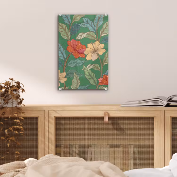 Glas schilderij - Bloemen - Groen - Illustratie — 5