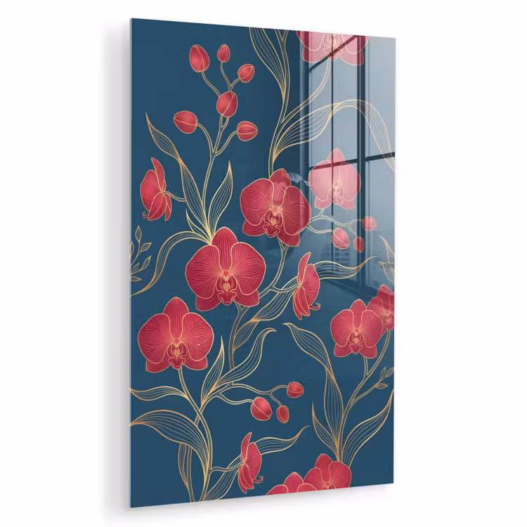 Glas schilderij - Bloemen - Rood - Goud — 1
