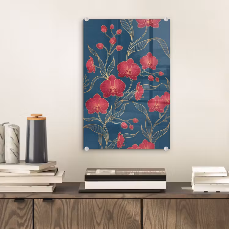 Glas schilderij - Bloemen - Rood - Goud — 2
