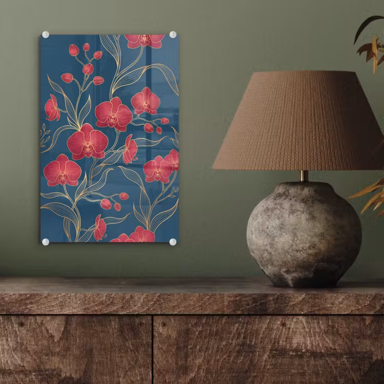 Glas schilderij - Bloemen - Rood - Goud — 4