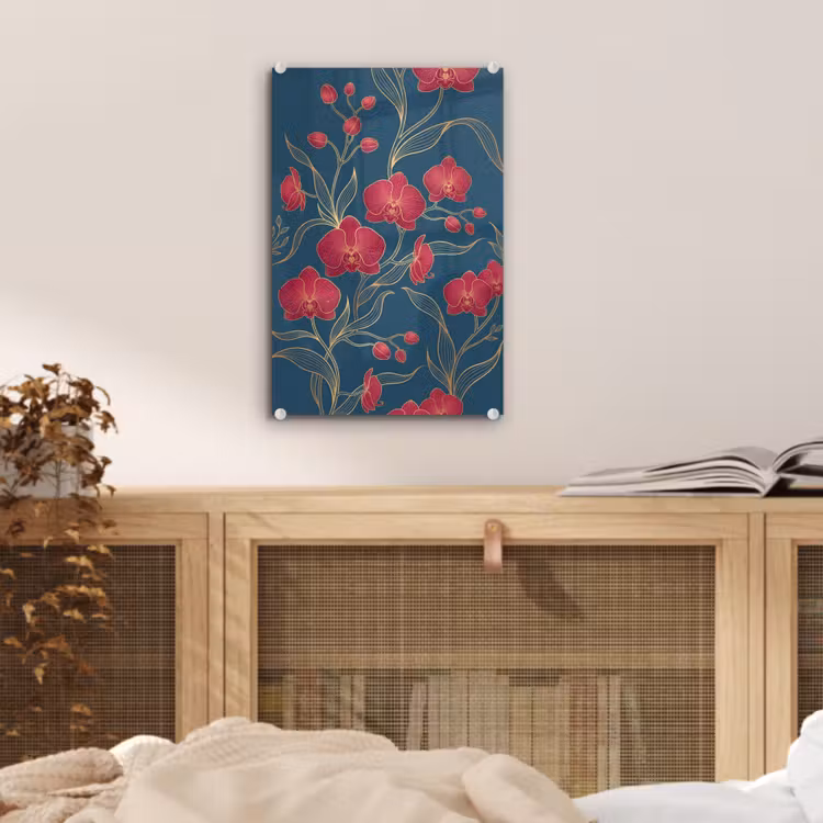 Glas schilderij - Bloemen - Rood - Goud — 5