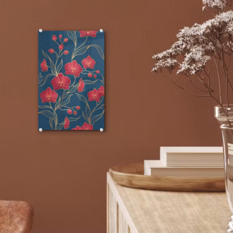 Glas schilderij - Bloemen - Rood - Goud — 6