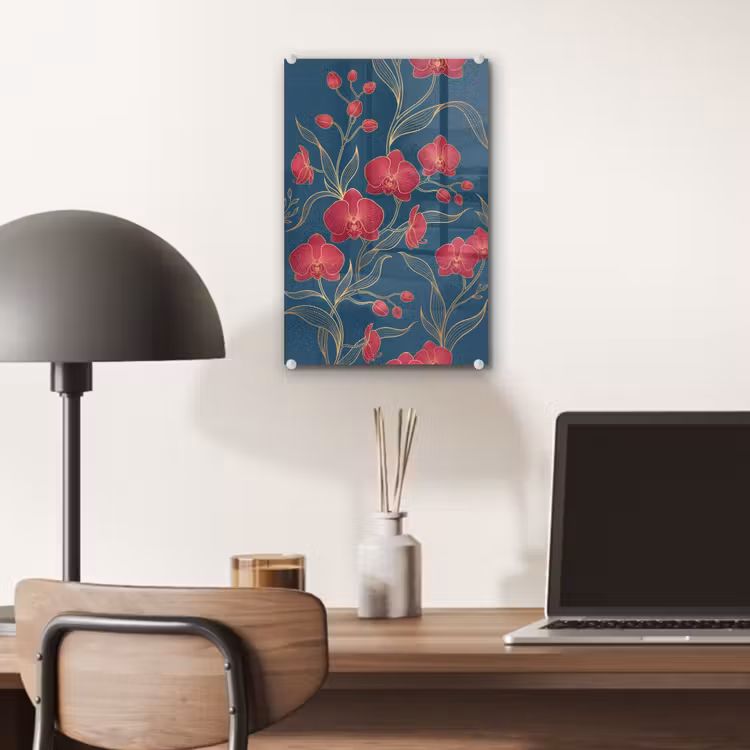 Glas schilderij - Bloemen - Rood - Goud — 7