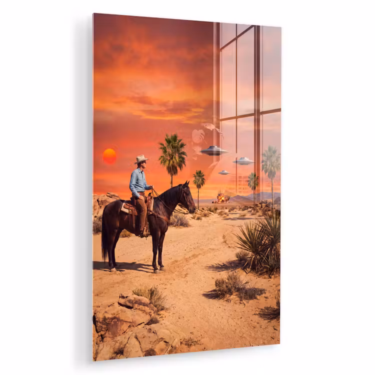 Glas schilderij - Cowboy - Paard - Woestijn — 1