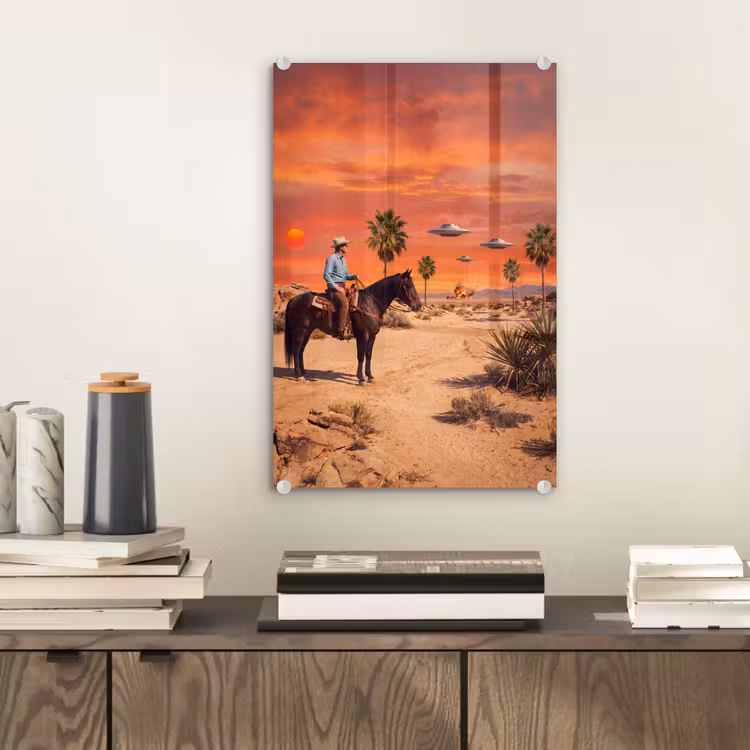 Glas schilderij - Cowboy - Paard - Woestijn — 2