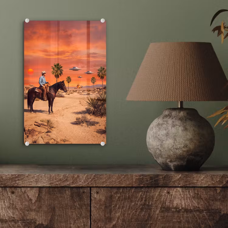 Glas schilderij - Cowboy - Paard - Woestijn — 4