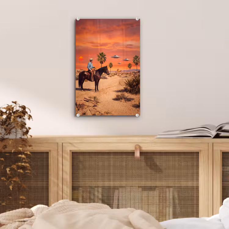 Glas schilderij - Cowboy - Paard - Woestijn — 5