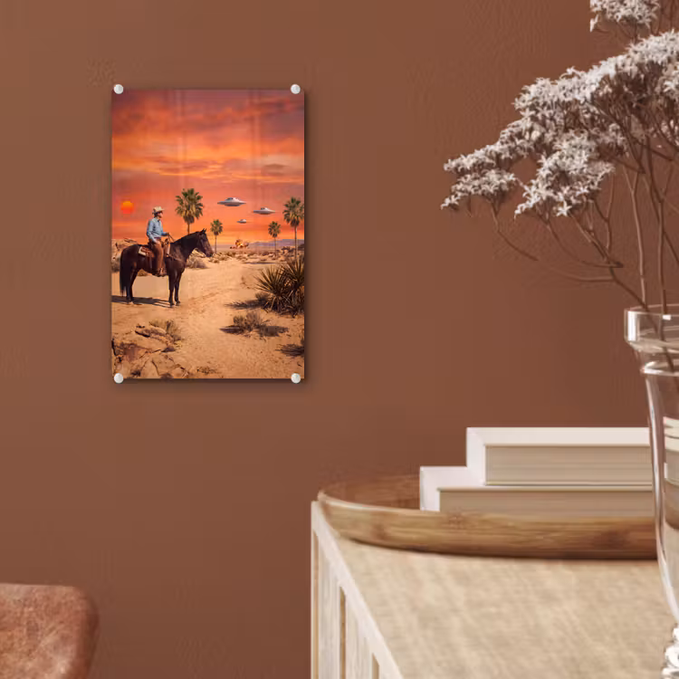 Glas schilderij - Cowboy - Paard - Woestijn — 6