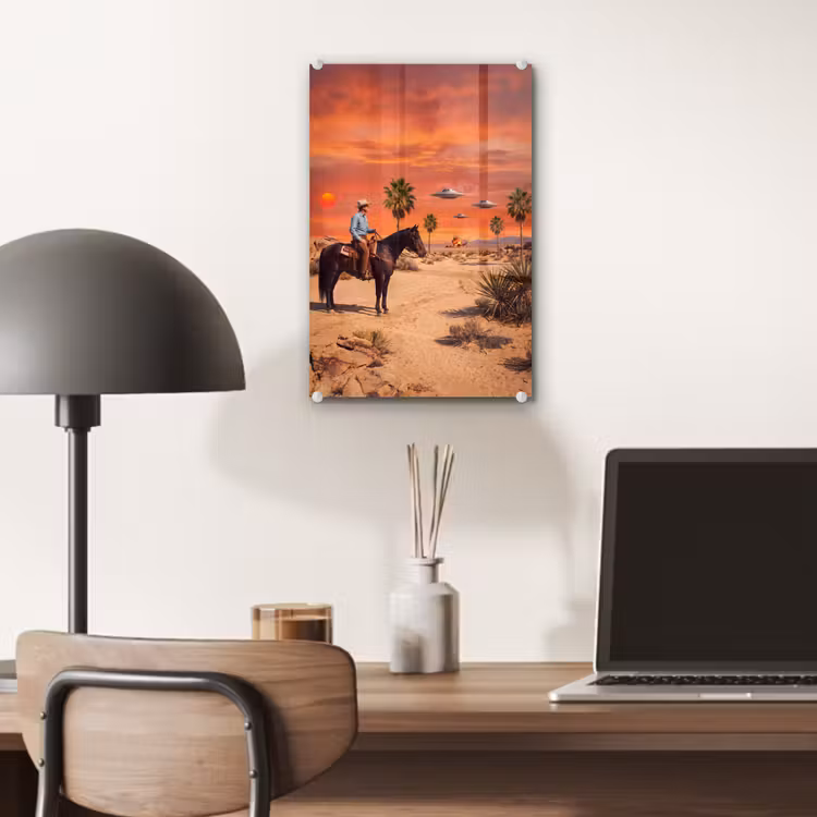 Glas schilderij - Cowboy - Paard - Woestijn — 7