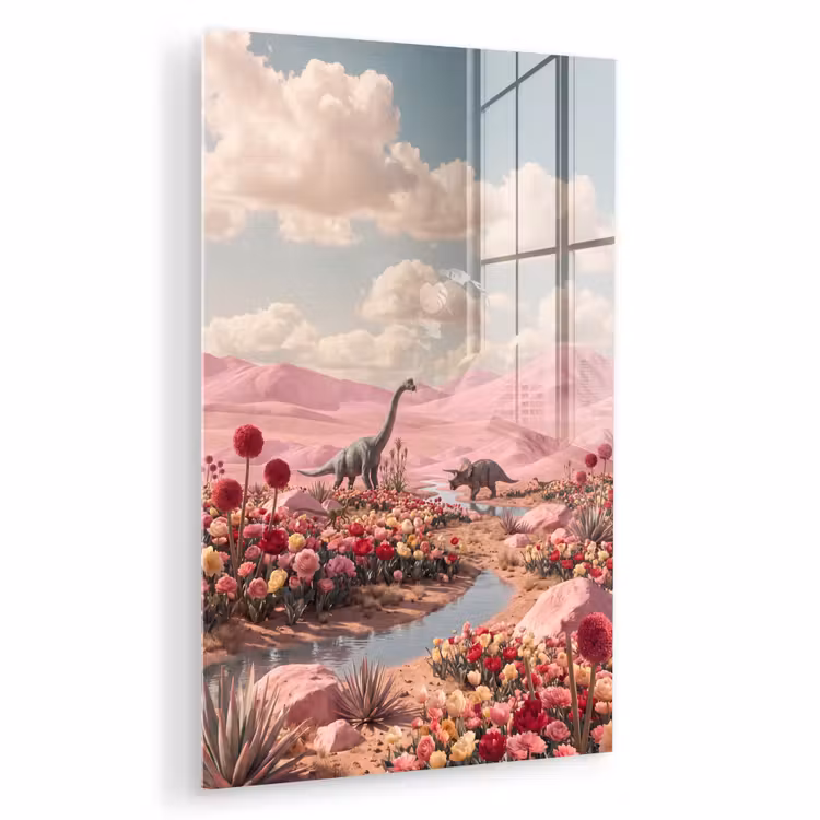 Glas schilderij - Dinosaurus - Roze - Landschap — 1