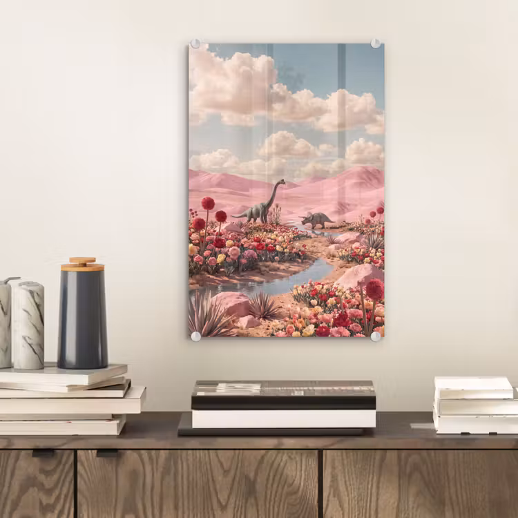 Glas schilderij - Dinosaurus - Roze - Landschap — 2