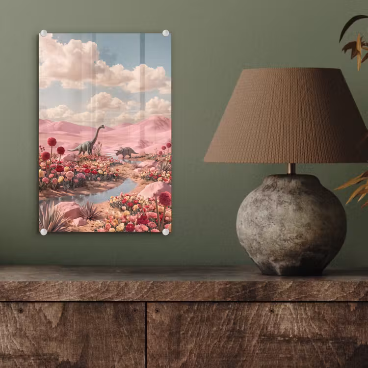 Glas schilderij - Dinosaurus - Roze - Landschap — 4