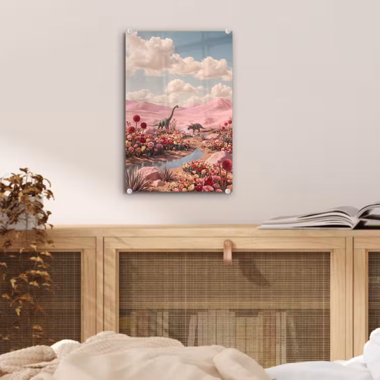 Glas schilderij - Dinosaurus - Roze - Landschap — 5