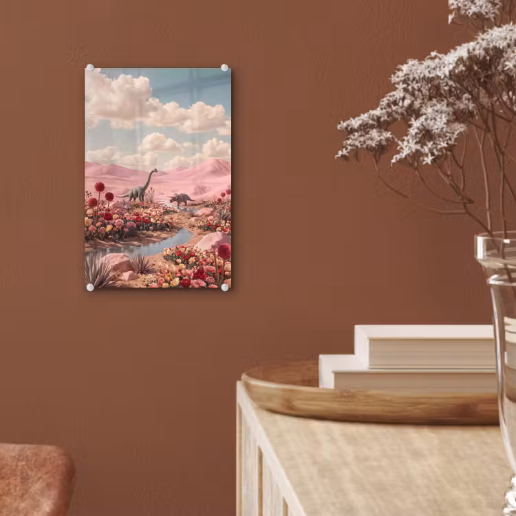 Glas schilderij - Dinosaurus - Roze - Landschap — 6