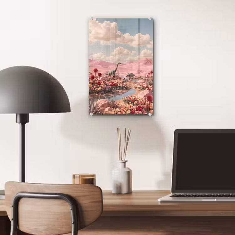 Glas schilderij - Dinosaurus - Roze - Landschap — 7