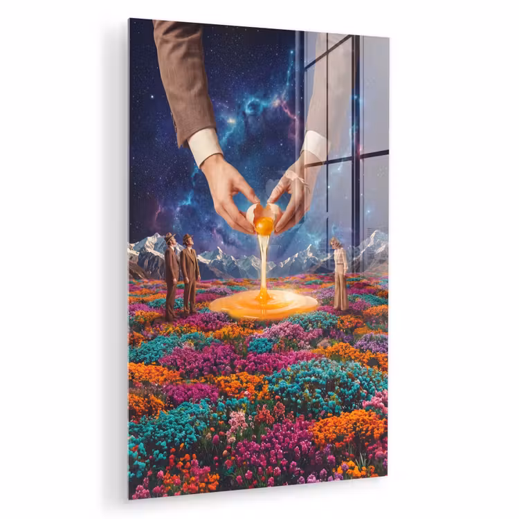 Glas schilderij - Handen - Ei - Surrealisme — 1