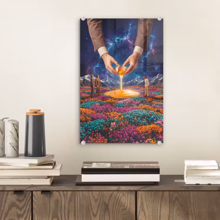 Glas schilderij - Handen - Ei - Surrealisme — 2