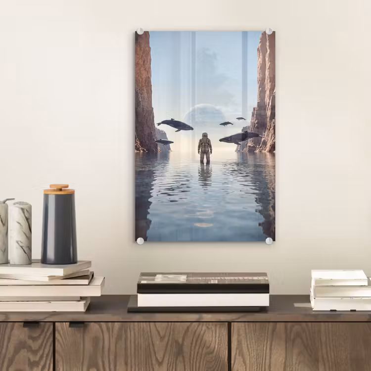 Glas schilderij - Ruimtevaarder - Walvis - Fantasie — 2