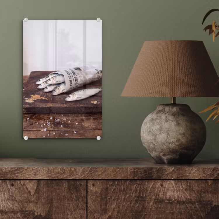 Glas schilderij - Sardientje - krant - snijplank — 4