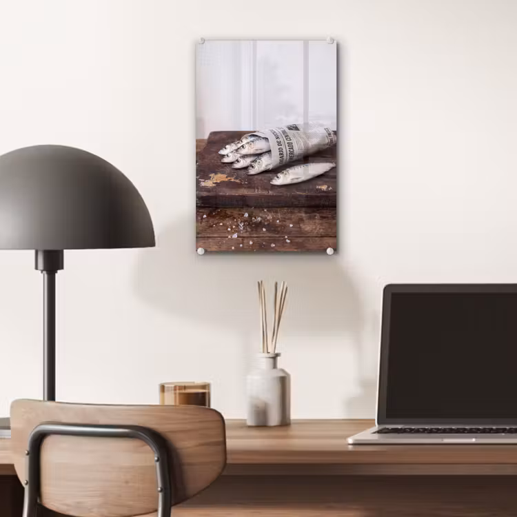 Glas schilderij - Sardientje - krant - snijplank — 7