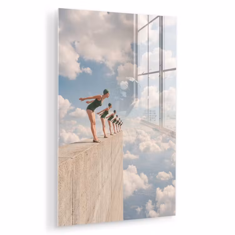 Glas schilderij - Vrouwen - Duikhouding - Wolken — 1