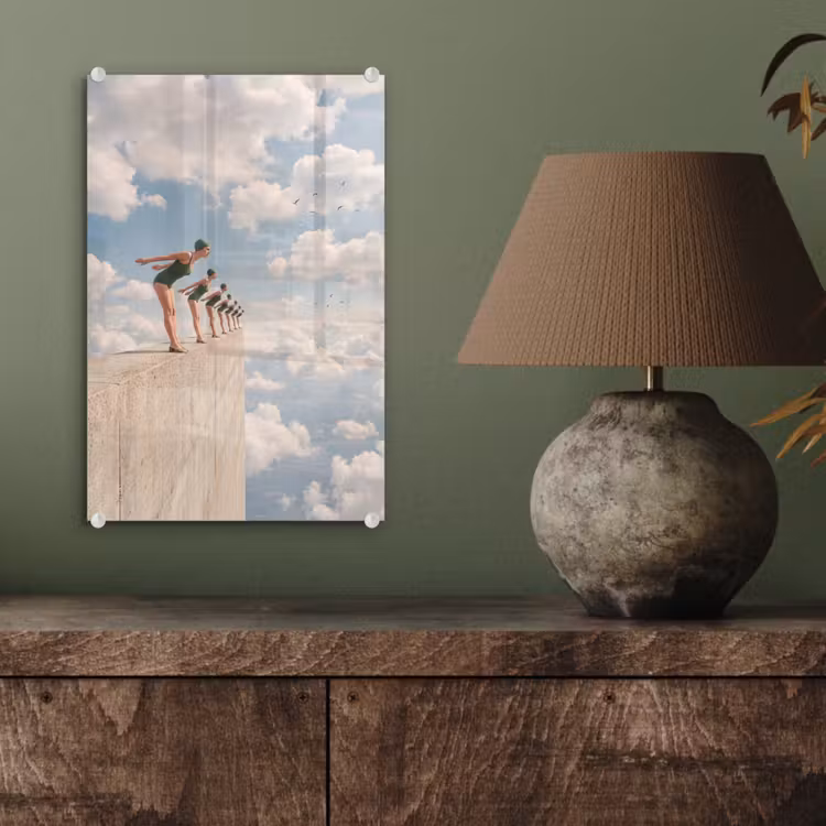Glas schilderij - Vrouwen - Duikhouding - Wolken — 4