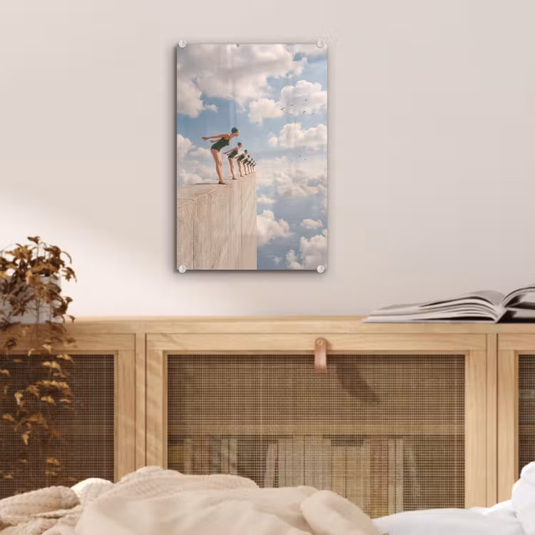 Glas schilderij - Vrouwen - Duikhouding - Wolken — 5