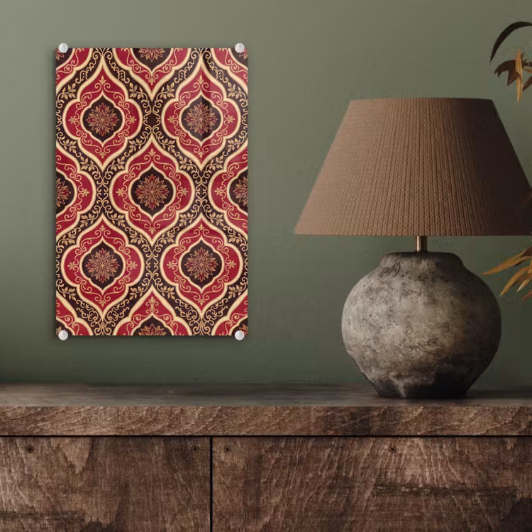 Glas schilderij - Patroon - Ornament - Barok - Rood - Goud — 4