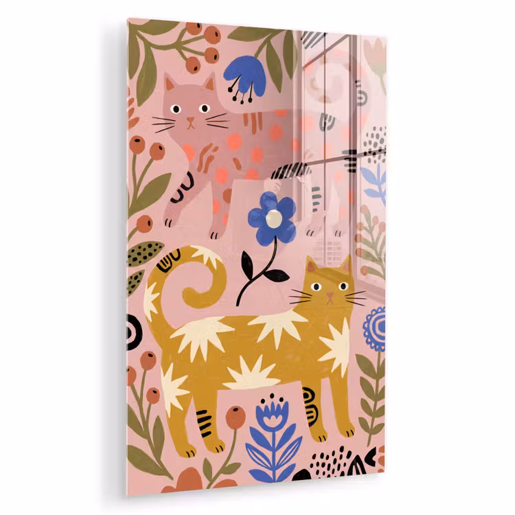 Glas schilderij - Kat - Bloemen - Dieren - Modern - Roze — 1