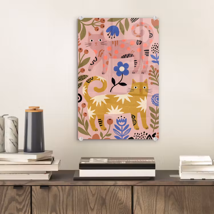 Glas schilderij - Kat - Bloemen - Dieren - Modern - Roze — 2