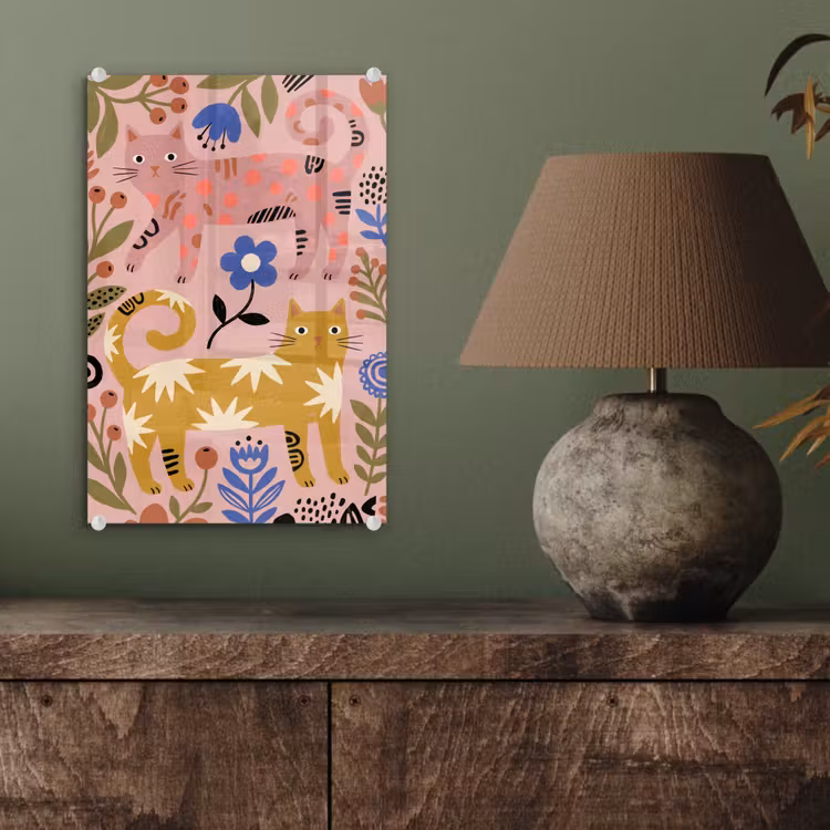Glas schilderij - Kat - Bloemen - Dieren - Modern - Roze — 4