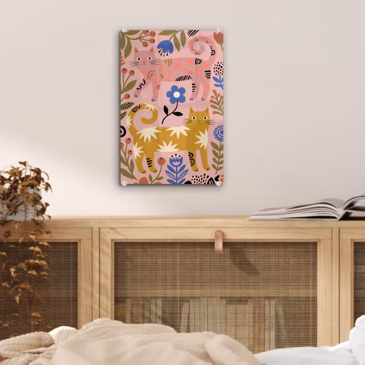 Glas schilderij - Kat - Bloemen - Dieren - Modern - Roze — 5