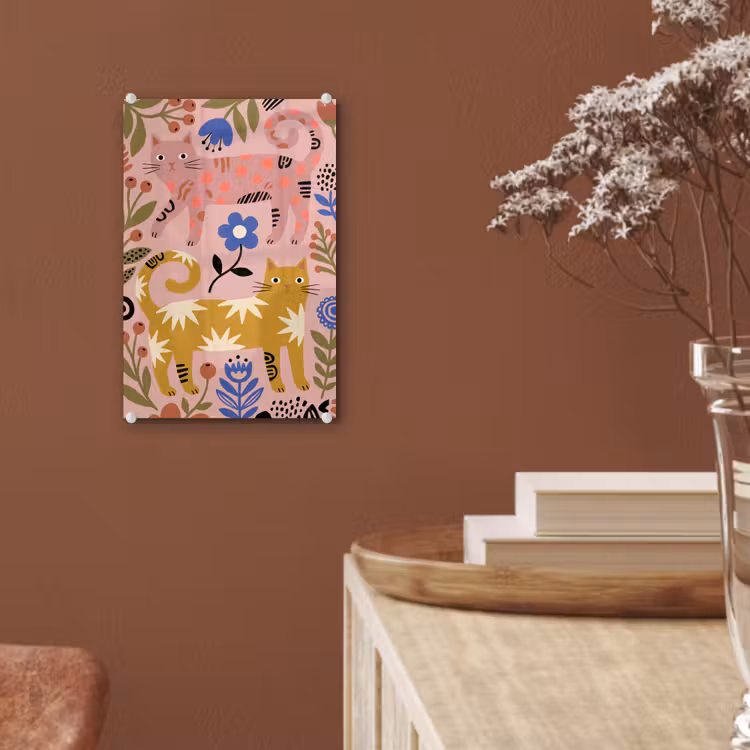 Glas schilderij - Kat - Bloemen - Dieren - Modern - Roze — 6
