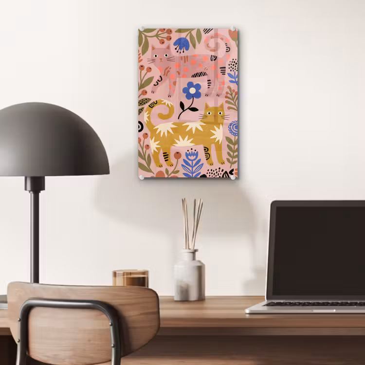 Glas schilderij - Kat - Bloemen - Dieren - Modern - Roze — 7