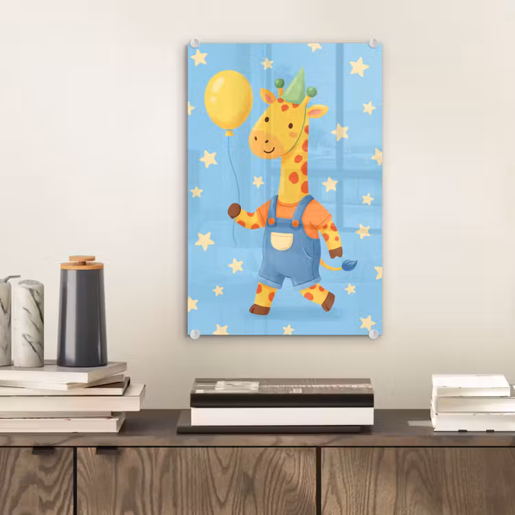 Glas schilderij - Dieren - Giraffe - Ballon - Feest - Kinderkamer — 2