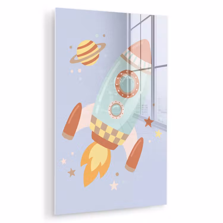 Glas schilderij - Raket - Ruimte - Planeet - Illustratie — 1