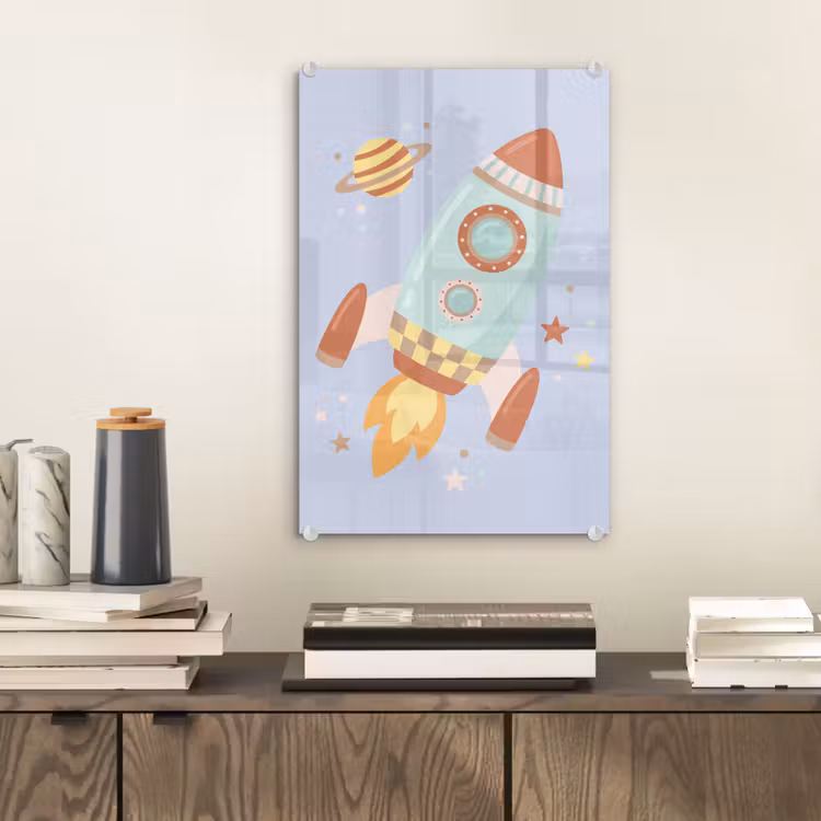 Glas schilderij - Raket - Ruimte - Planeet - Illustratie — 2