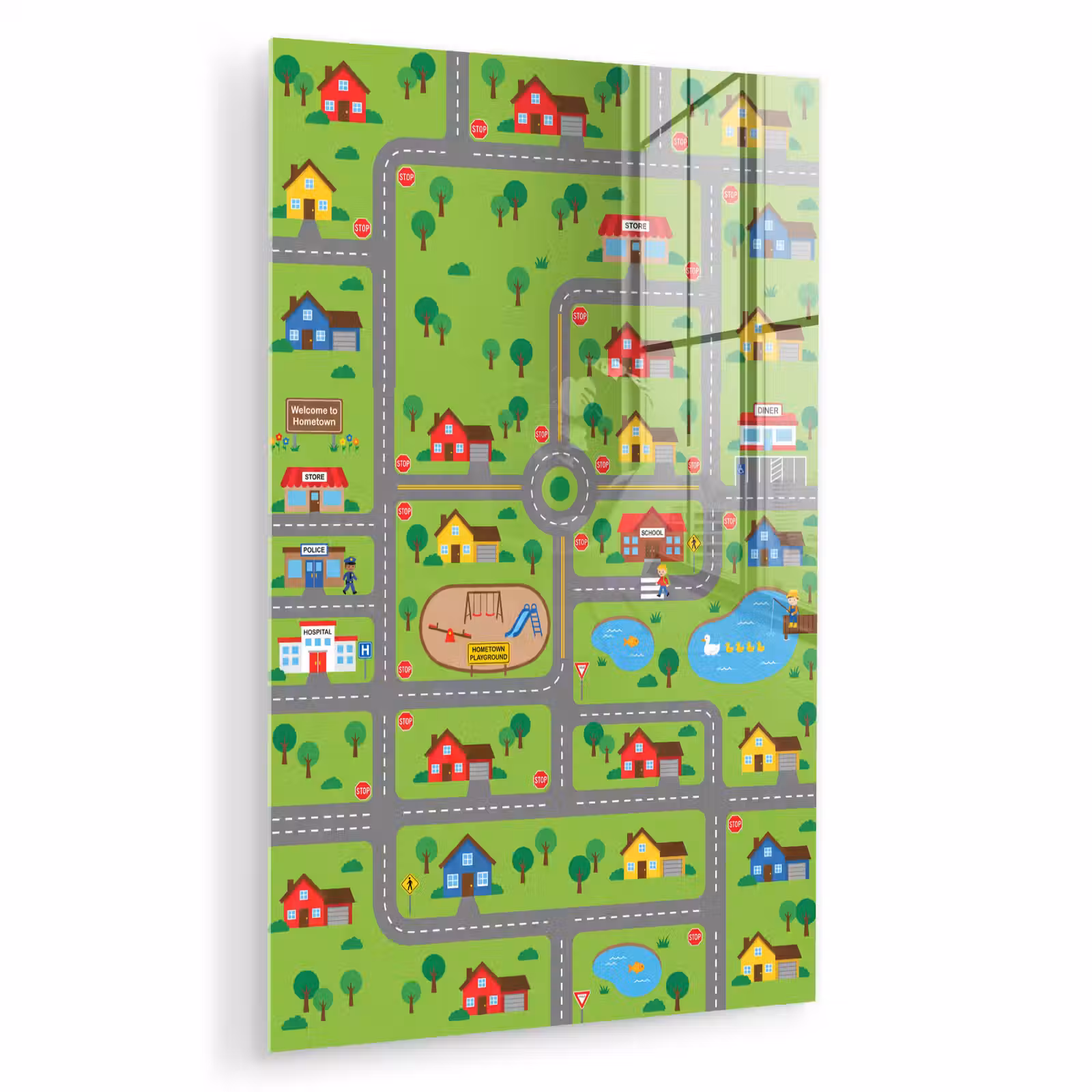 Glas schilderij - Stad - Wegen - Cartoon — 1