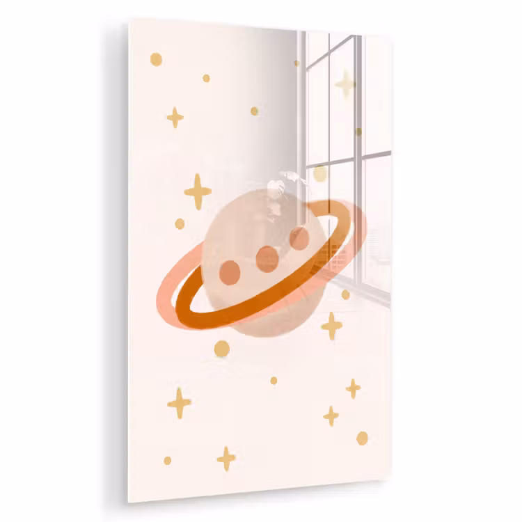 Glas schilderij - Planeet - Ringen - Ruimte - Illustratie - Beige — 1