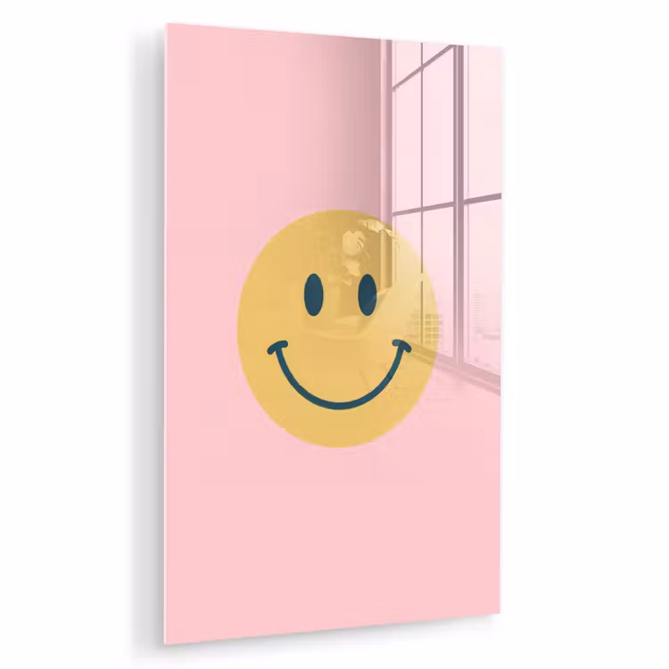 Glas schilderij - Smiley - Geel - Roze - Symbool - Minimalistisch — 1